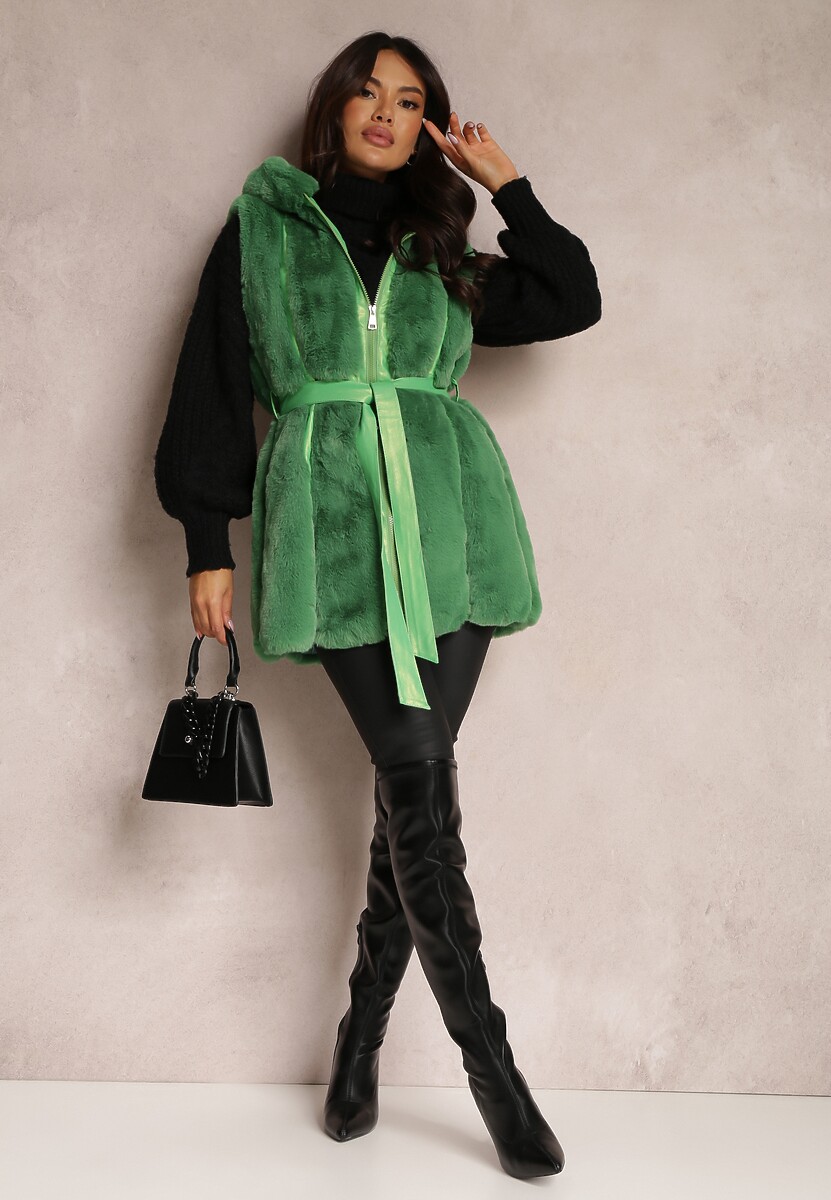 Zielona Kamizelka Futrzana z Wstawkami z Ekoskóry i Kapturem Lemize