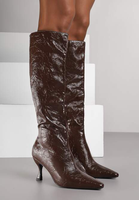 Brązowe Kozaki Vices na Szpilce w Stylu Slouchy z Efektem Cracked Todvire