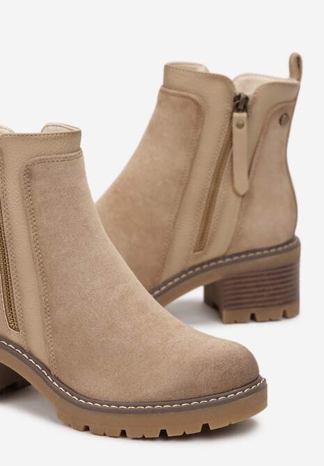 Beżowe Klasyczne Botki na Obcasie z Dekoracyjnym Suwakiem Vanim