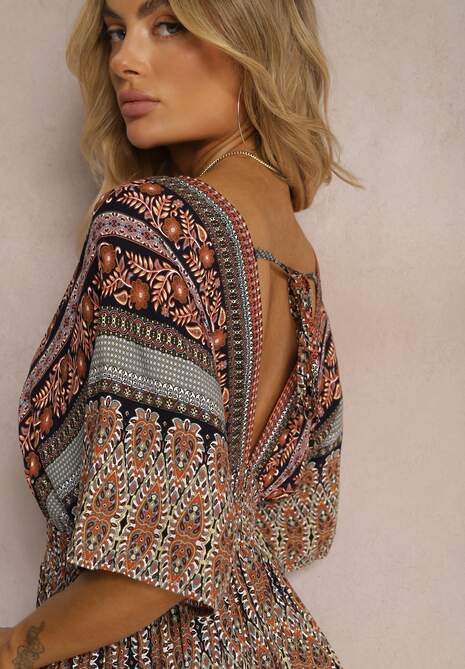 Brązowa Sukienka w Stylu Etnicznym z Gumką w Pasie Wiązana na Plecach Lixara