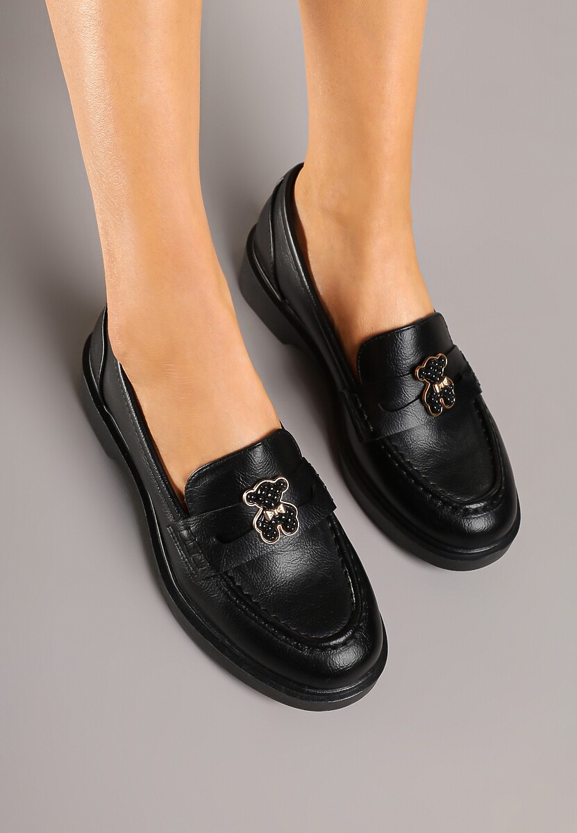 Czarne Mokasyny ze Skórzaną Wkładką i Ozdobą Meralitia
