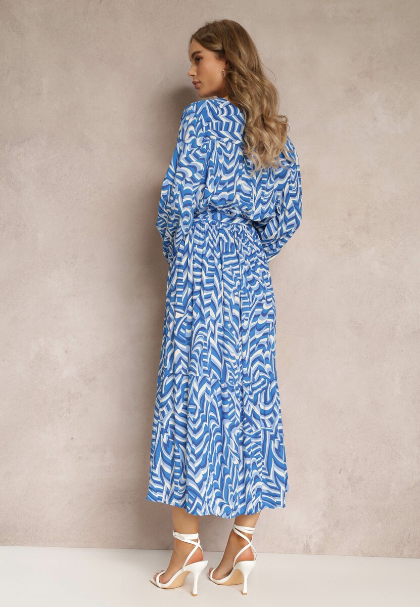 Niebieska Sukienka Kopertowa z Wiązanym Paskiem i Fantazyjnym Printem Nevilia