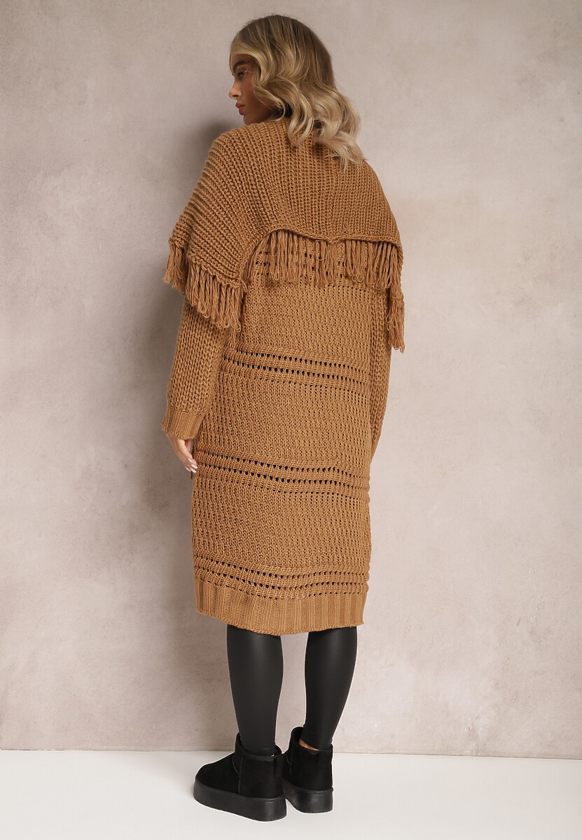 Brązowy Niezapinany Kardigan o Długim Kroju z Frędzlami Finantia