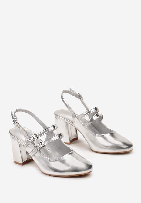 Srebrne Czółenka na Obcasie Ozdobione Cienkimi Paskami Okaria