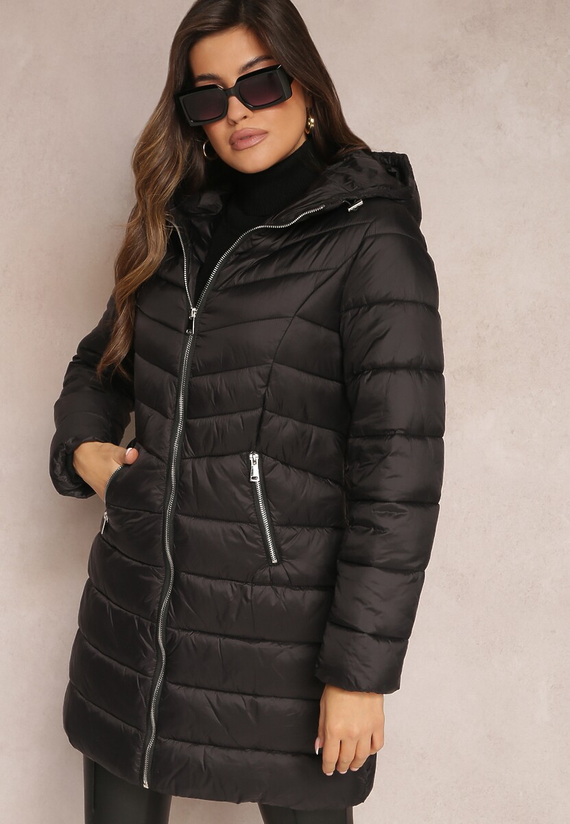 Czarna Długa Kurtka z Zasuwanymi Kieszonkami i Kapturem Chetrisa