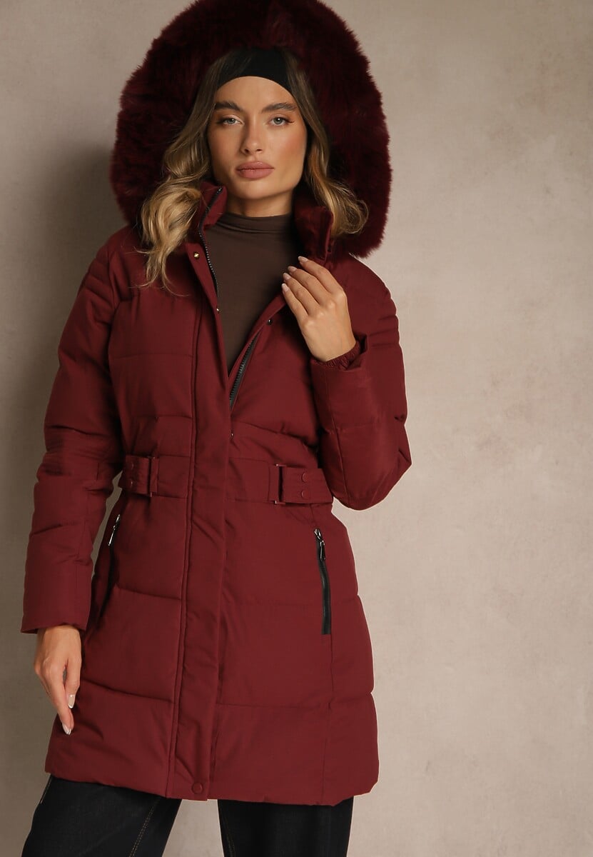 Czarna Pikowana Kurtka Zimowa z Kapturem z Futerkiem Goella