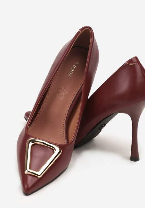 Bordowe Szpilki Vices z Wkładką ze Skóry Naturalnej Ozdobione Klamrą Miava