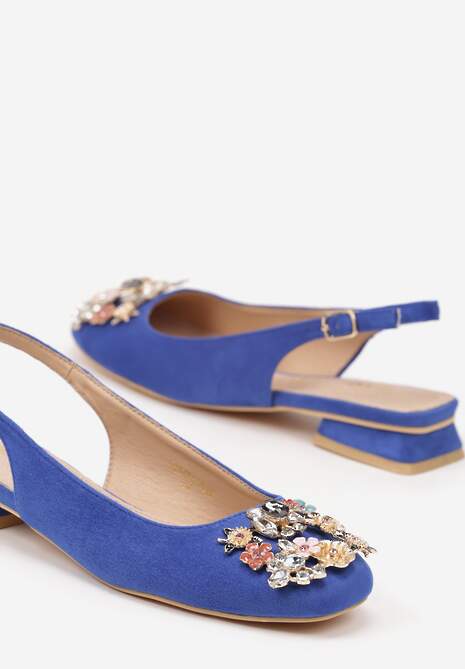 Niebieskie Czółenka Slingback Vices z Cyrkoniami i Wkładką ze Skóry Eklina