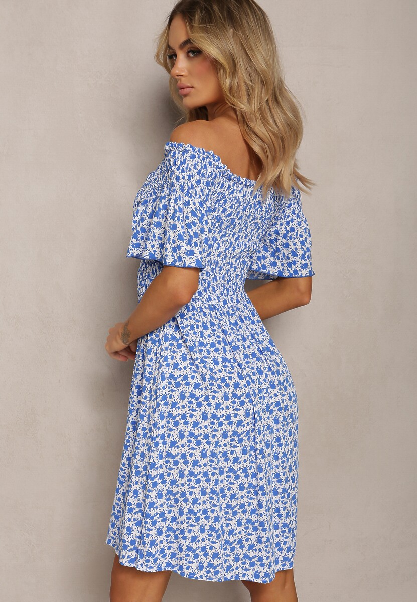 Niebieska Krótka Sukienka Letnia o Fasonie Hiszpanki z Wiskozy Liranna