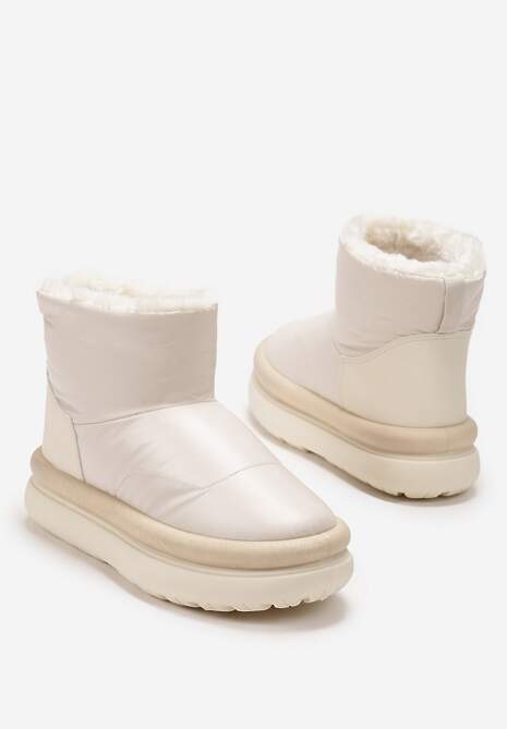 Beżowe Połyskujące Śniegowce na Płaskiej Podeszwie Ocieplone Futerkiem Brivida