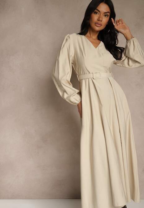 Beżowa Rozkloszowana Sukienka z Wiskozy z Paskiem ze Sprzączką Orille