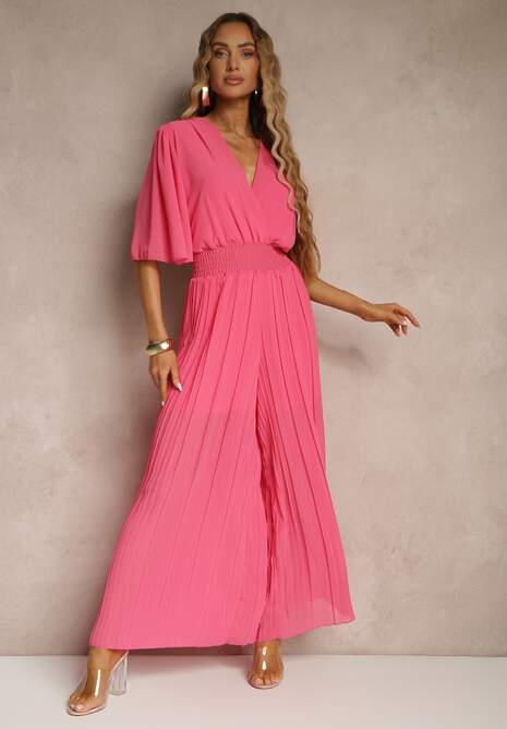 Fuksjowy Kombinezon z Kopertowym Dekoltem i Gumką w Pasie Zdobiony Plisami Amadle