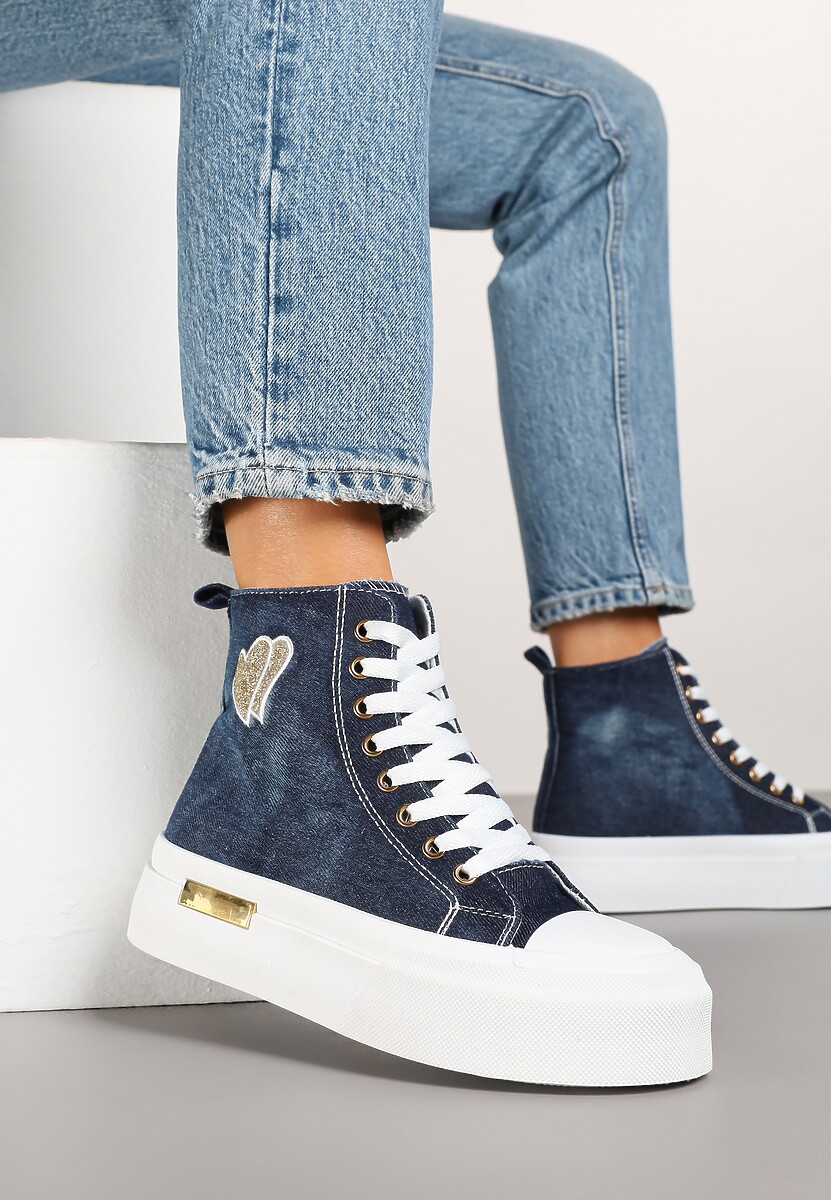 Granatowe Trampki na Platformie z Wysoką Cholewką z Haftem z Brokatem Elanitha