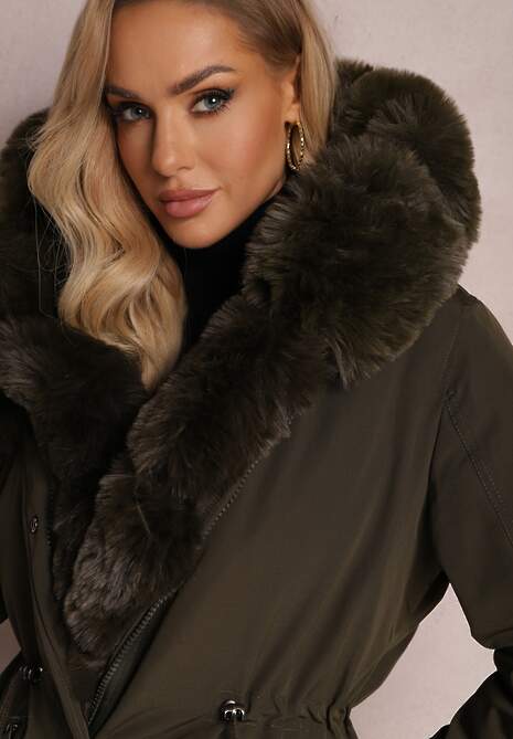 Ciemnozielona Kurtka Parka ze Ściągaczem i Kapturem z Futerkiem Bellad