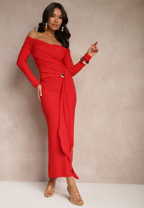 Czerwona Marszczona Sukienka o Dopasowanym Kroju z Trenem i Rozcięciem Aluilea