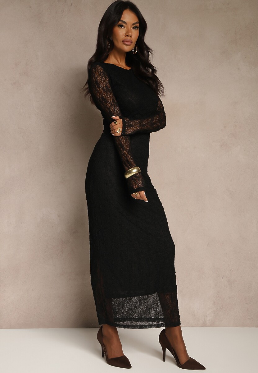 Czarna Koronkowa Sukienka Typu Longsleeve o Dopasowanym Kroju Zenoresa
