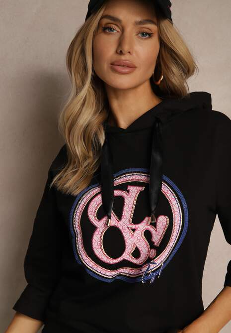 Czarna Bluza z Kapturem Ozdobnym Nadrukiem i Rękawami 3/4 Saniressa