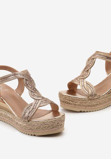 Szampańskie Sandały na Podeszwie i Koturnie z Plecionki Ozdobione Cyrkoniami Perallia