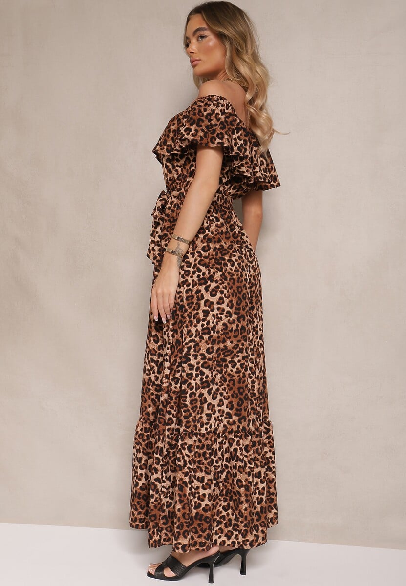 Brązowa Rozkloszowana Sukienka Hiszpanka z Gumką w Talii w Panterkowy Wzór Hiterta