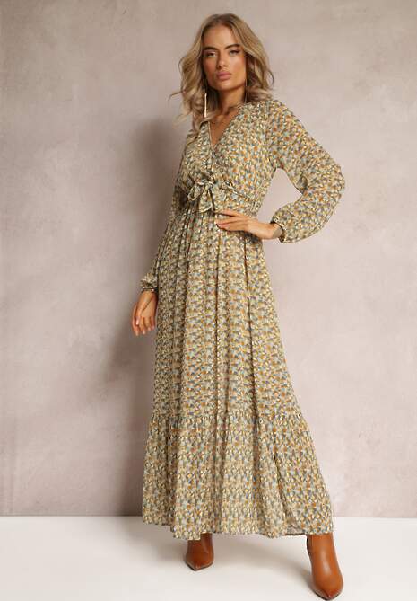 Żółto-Zielona Sukienka Kopertowa z Falbanką i Wiązanym Paskiem Gjerana