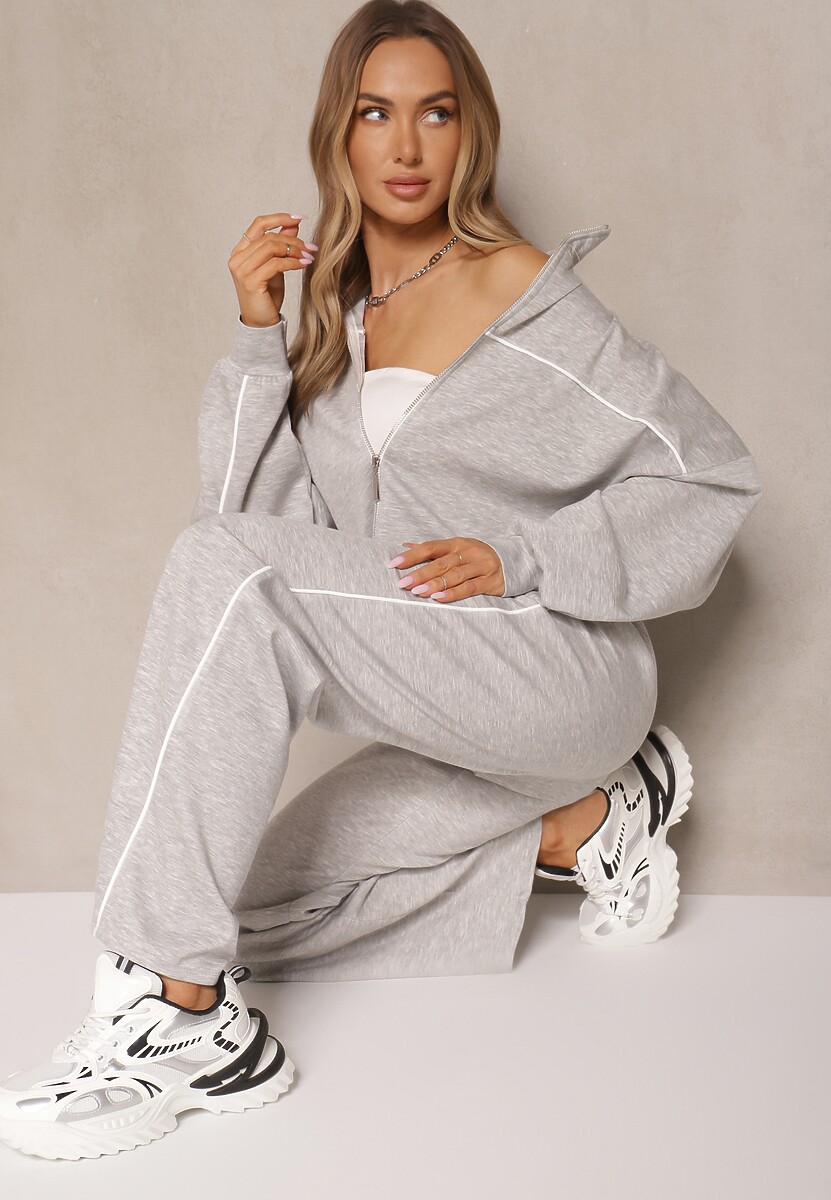 Szary Retro Komplet Dresowy z Wiskozą Bluza i Spodnie o Szerokim Kroju Selriza