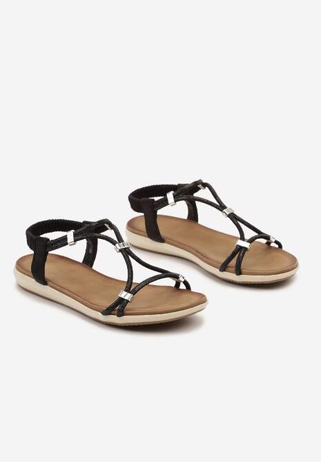 Czarne Wsuwane Sandały z Wkładką z Imitacji Skóry Ozdobione Cyrkoniami Deloema