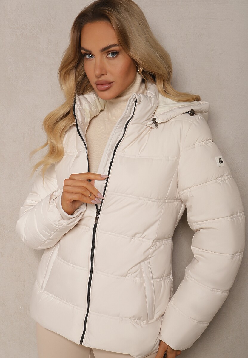 Jasnobeżowa Prosta Kurtka Pikowana z Kapturem z Możliwością Odpięcia Venilora