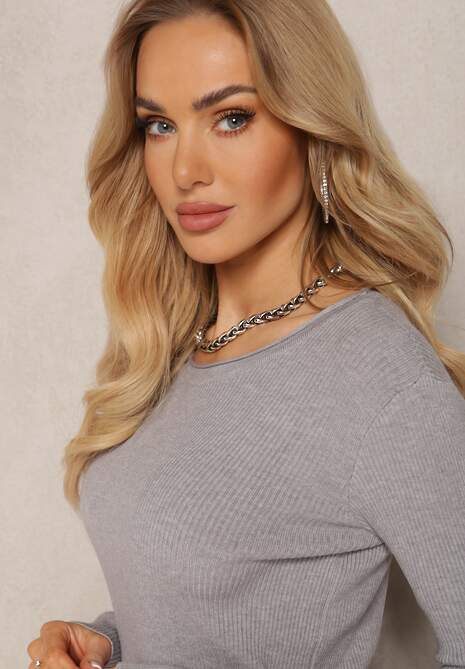 Szary Dopasowany Sweter z Prążkowanej Dzianiny Bionessa