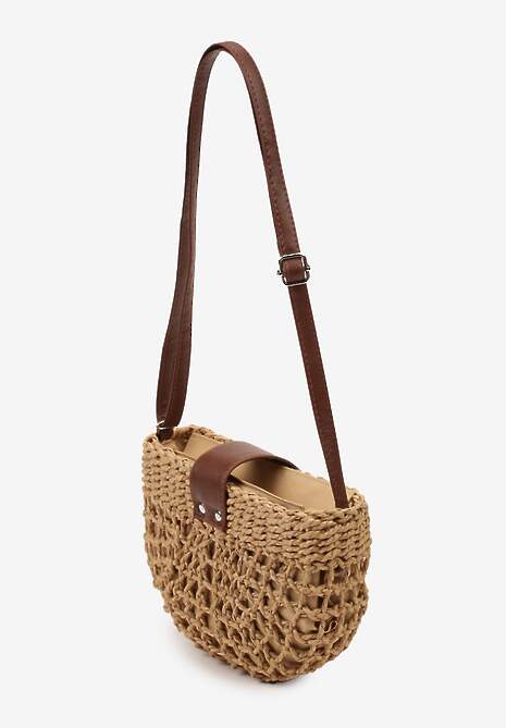 Ciemnobeżowa Pleciona Torebka na Regulowanym Pasku z Zapięciem na Zatrzask i Suwak Setelia