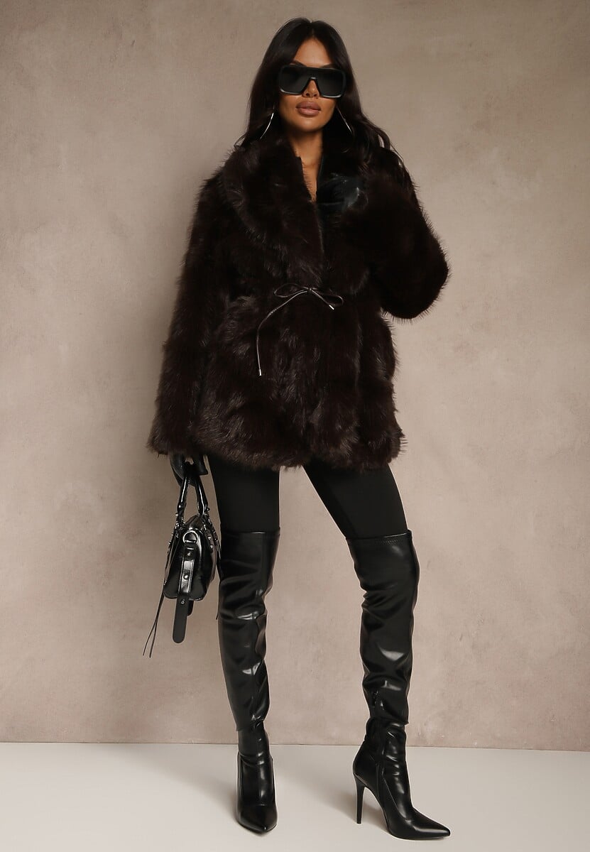 Brązowa Klasyczna Kurtka Futerko z Wąskim Wiązanym Paskiem w Talii Casfitta