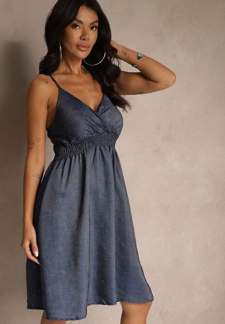 Granatowa Kopertowa Sukienka z Wiskozy o Rozkloszowanym Fasonie Lirilise