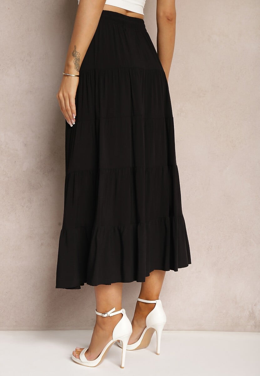 Czarna Wiskozowa Spódnica High Waist o Rozkloszowanym Kroju z Wiązaniem i Gumką w Talii Leceviana