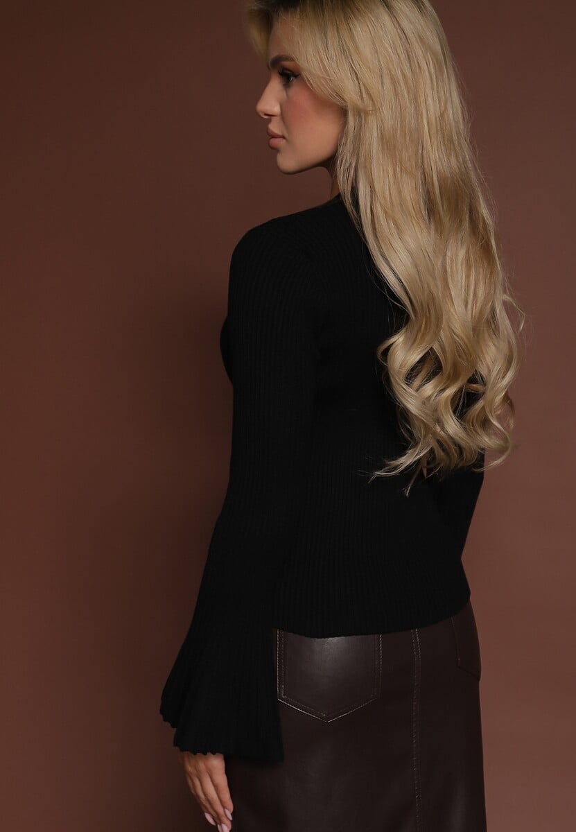 Czarny Sweter z Dzianiny w Prążki z Wiskozą z Rozszerzanymi Rękawami Sediane