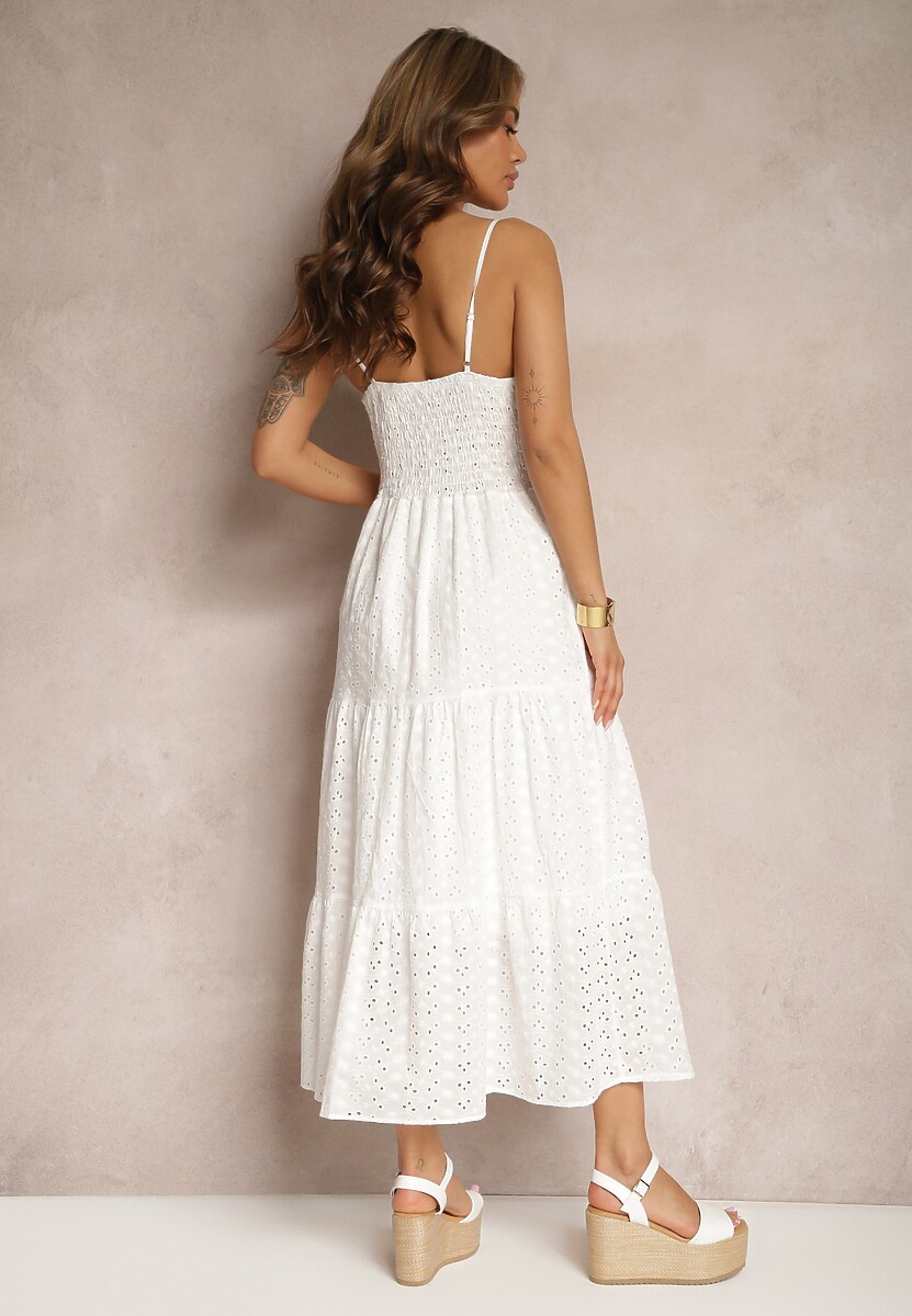 Biała Bawełniana Sukienka z Cienkimi Ramiączkami o Haftowanym Wykończeniu z Gumką w Talii Lomila