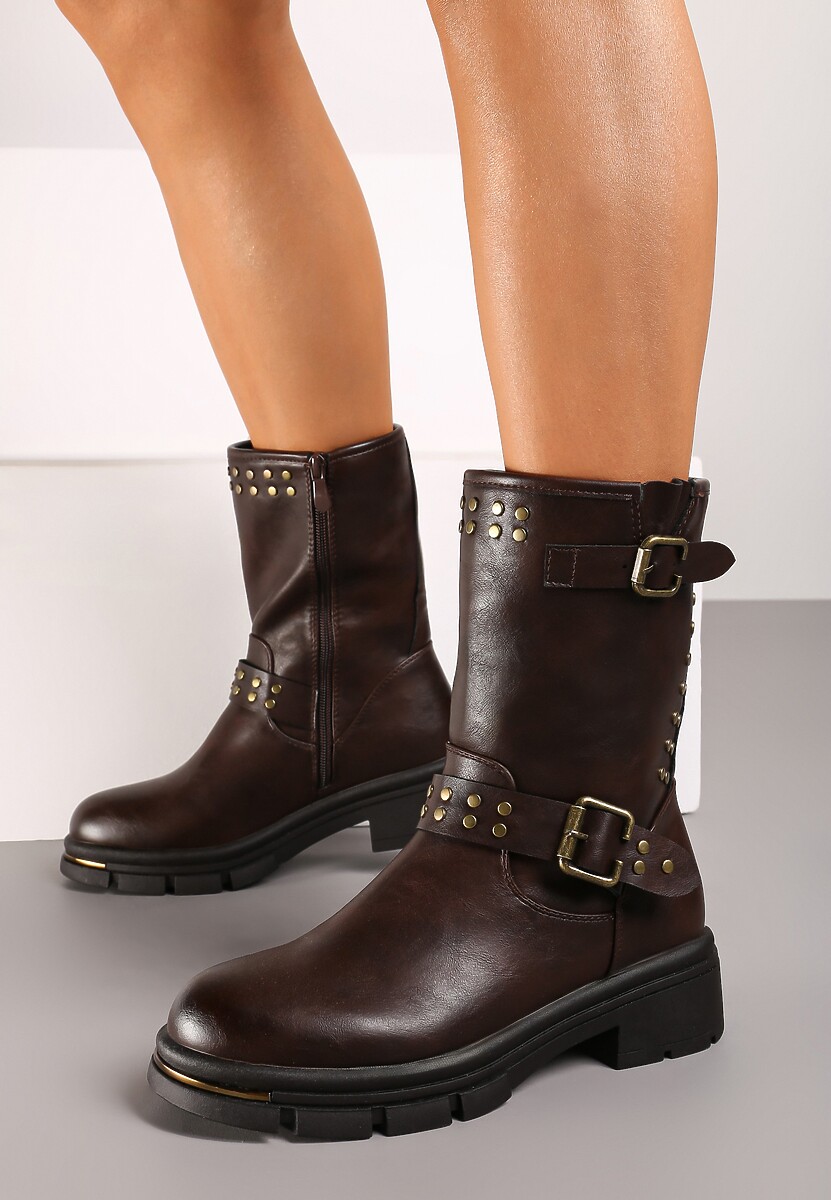 Ciemnobrązowe Motocyklowe Botki Ozdobione Nitami i Klamrami przy Cholewce Ezirra