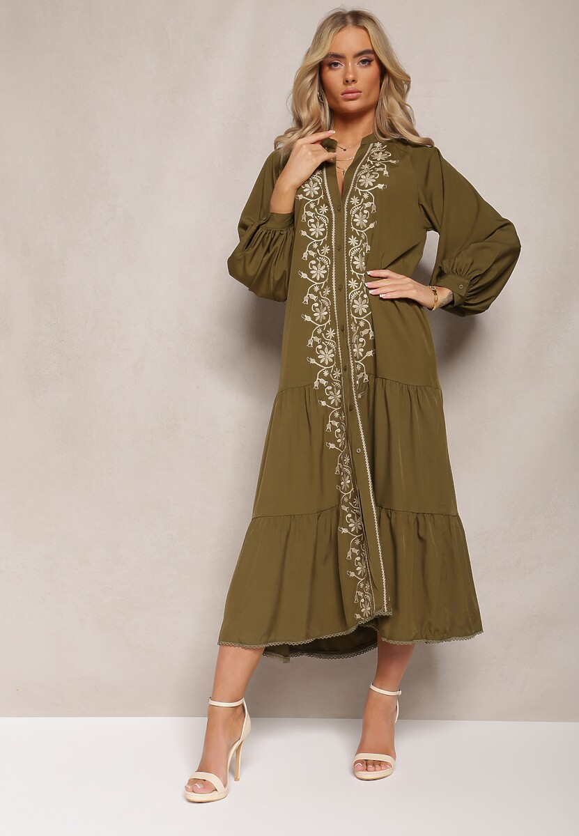 Czarna Midi Sukienka o Trapezowym Kroju z Ozdobnymi Haftami w Stylu Boho Tactila