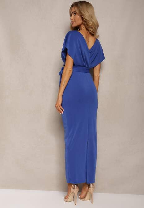 Granatowa Sukienka Koktajlowa z Trójkątnym Dekoltem i Materiałowym Paskiem z Rozcięciem Wilni