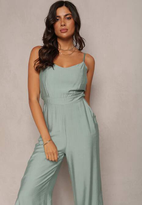 Zielony Długi Kombinezon z Szerokimi Nogawkami na Cienkich Ramiączkach Jemanne