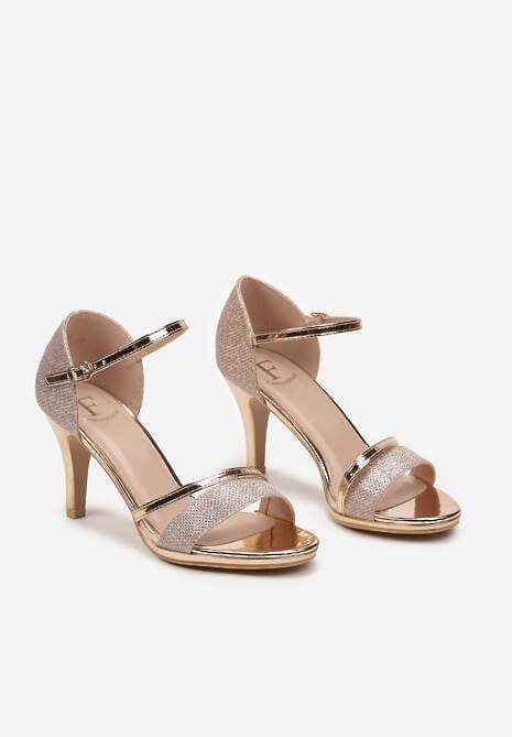 Szampańskie Lakierowane Sandały na Klasycznej Szpilce z Brokatem Seonaid