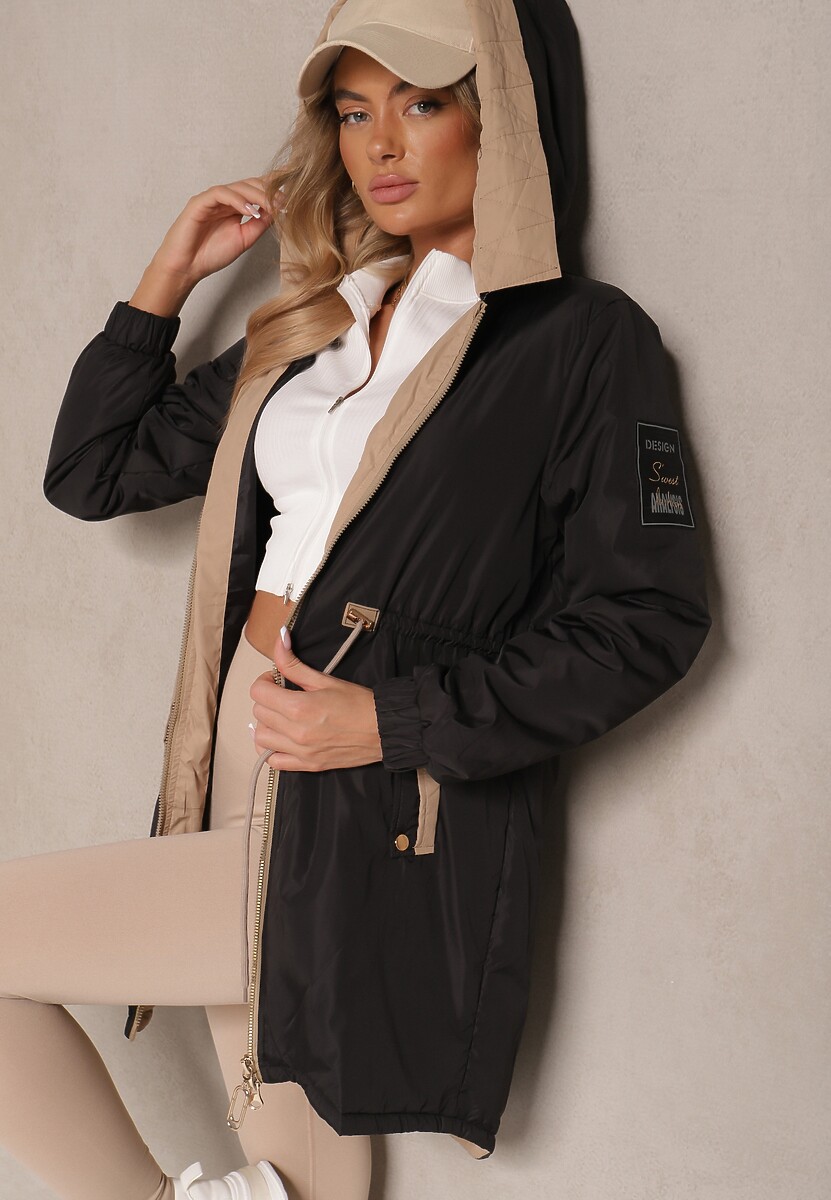 Czarna Kurtka o Kroju Parki z Kapturem i Ściągaczem w Talii Zizana