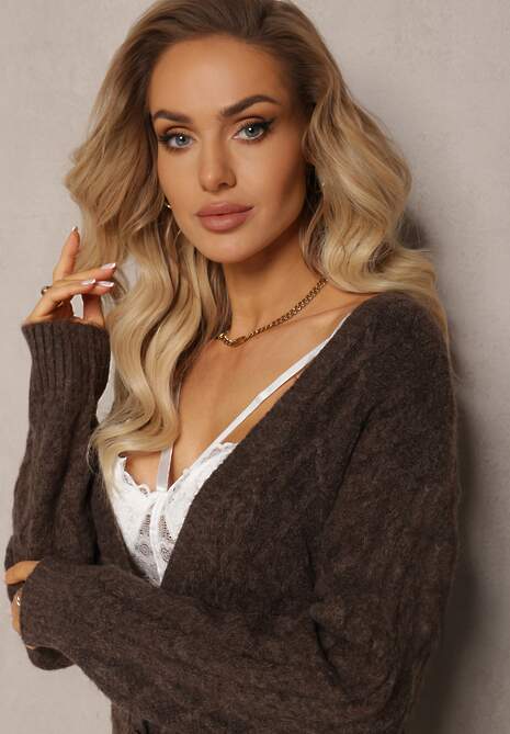 Brązowy Zapinany Kardigan z Trójkątnym Dekoltem i Warkoczykowy Splot Juessa