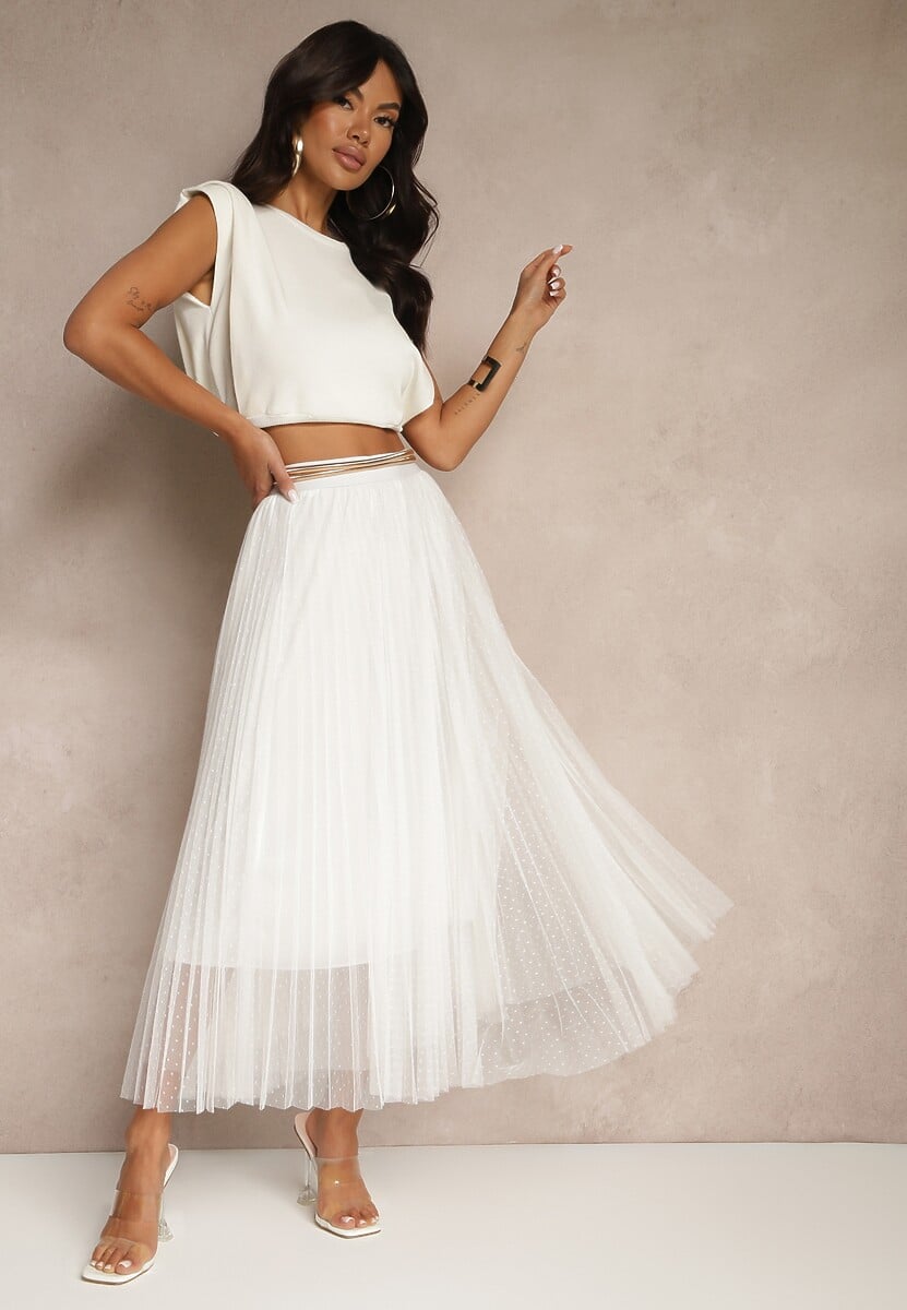 Biała Rozkloszowana Spódnica z Tiulu w Kropki Folemia