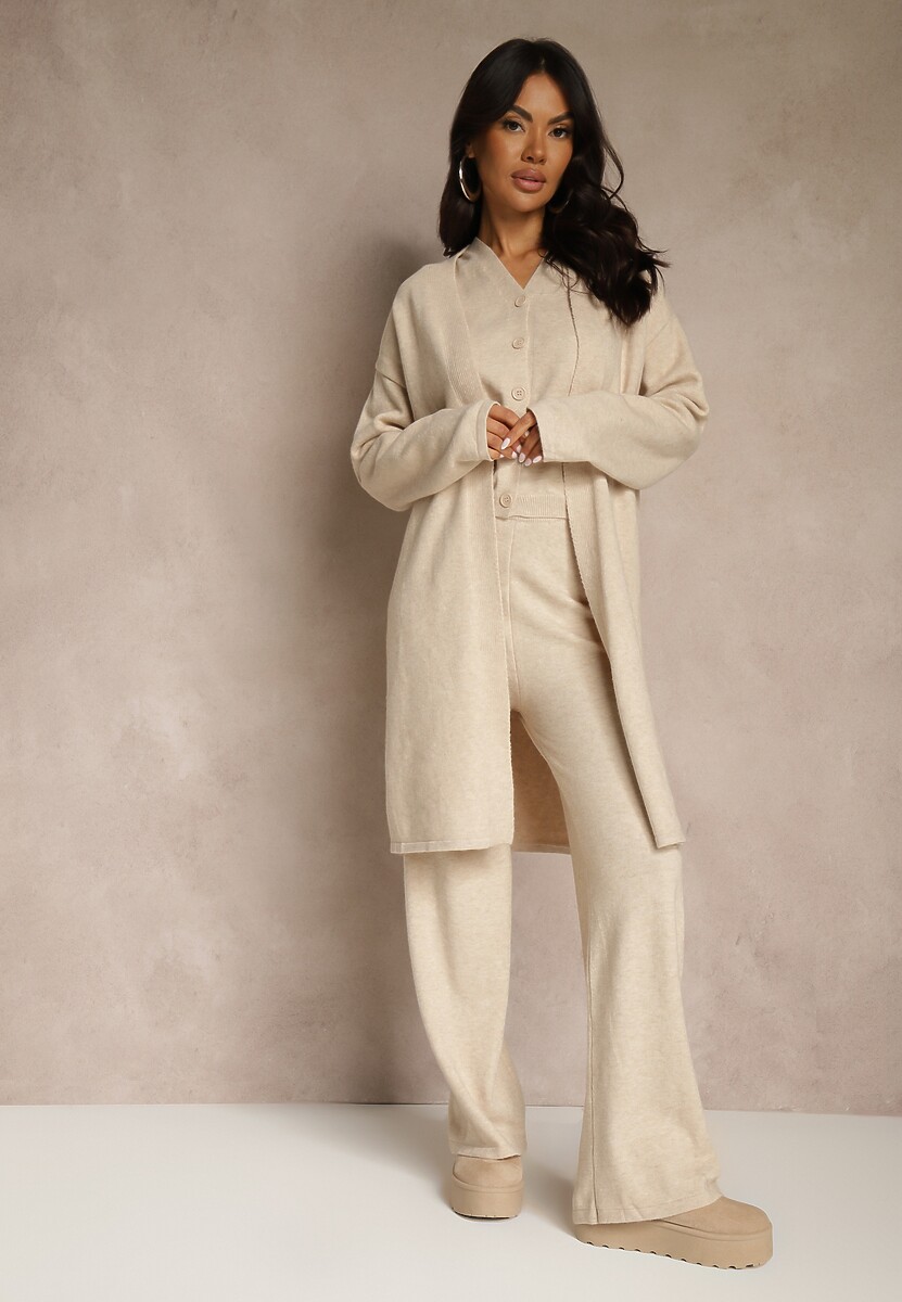 Jasnobeżowy Komplet z Dzianiny z Wełną Długi Kardigan Kamizelka i Spodnie Netivia