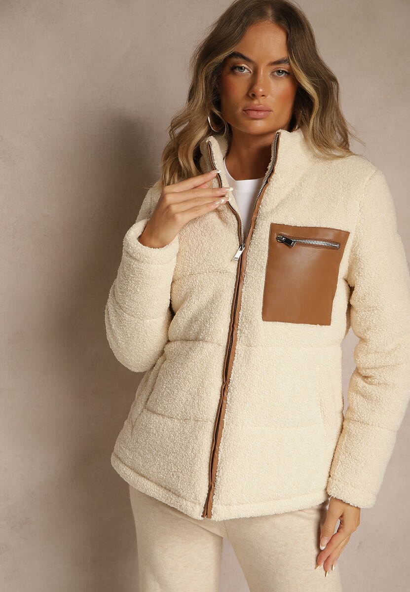 Beżowa Pikowana Kurtka z Futerkiem Teddy Olenesia