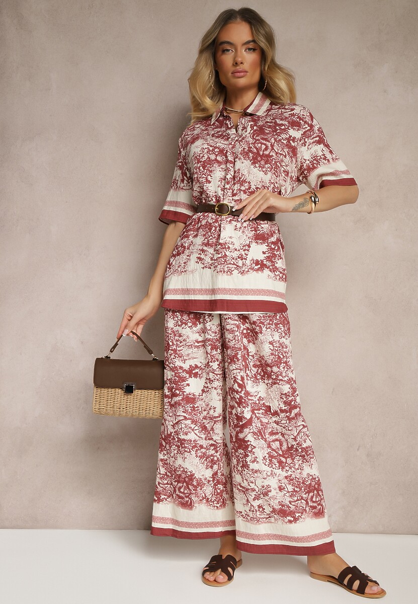 Ciemnozielony Komplet z Wiskozy Koszula i Spodnie z Motywem Roślinnym Ridiene