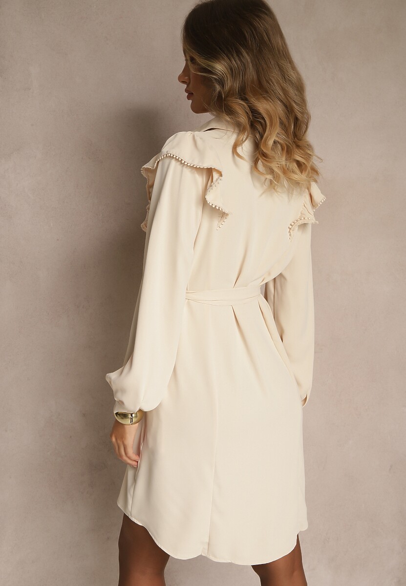 Beżowa Rozkloszowana Sukienka Koszulowa z Falbankami i Koronką Naik