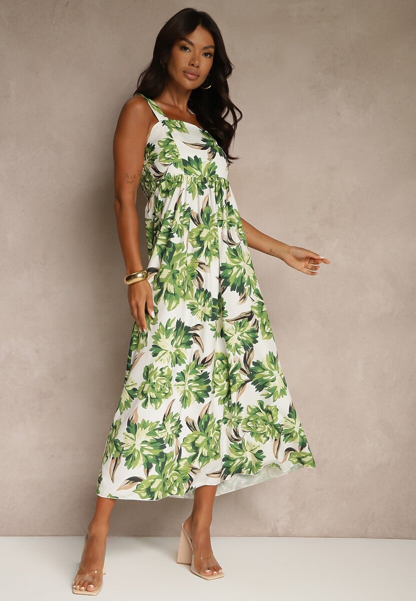 Czerwona Sukienka z Wiskozą o Rozkloszowanym Kroju z Kwiatami Nilestra