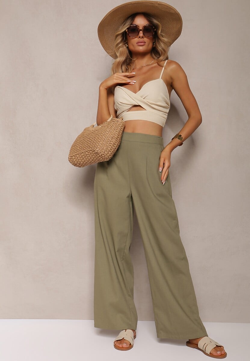 Zielone Szerokie Spodnie z Lnem z Gumką w Talii Airelttis