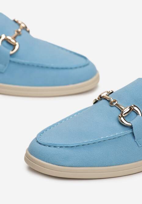 Niebieskie Mokasyny na Płaskiej Podeszwie z Przeszyciami i Ozdobną Klamerką Alenor