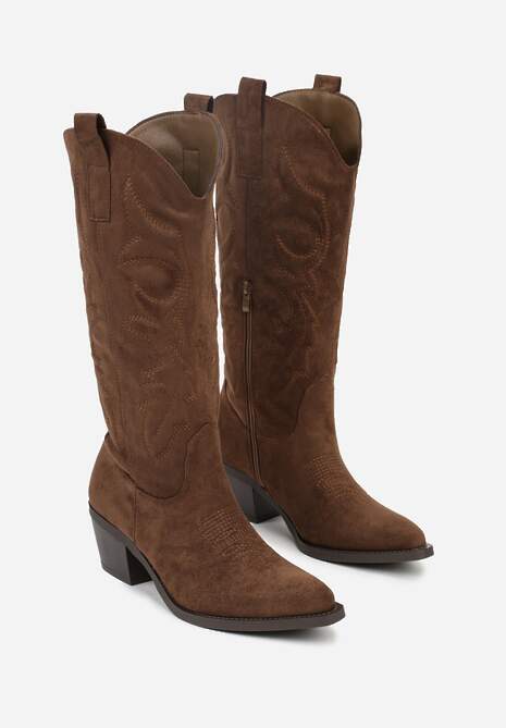 Ciemnobeżowe Kozaki Typu Kowbojki w Klasycznym Stylu z Imitacji Zamszu Rilamira
